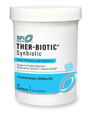 Therbiotic synbiotic prebiotic and probiotic supplements bottle