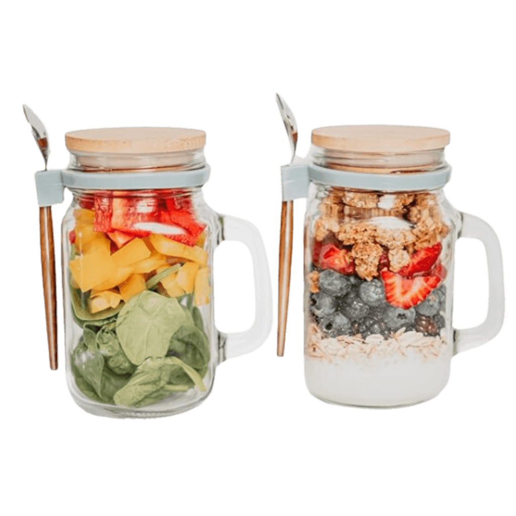 mason jars for meal prep with handle, lids, and spoons