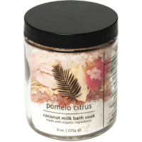 Pomelo Citrus Bath soak glass see through jar with pick and white salt and florals inside