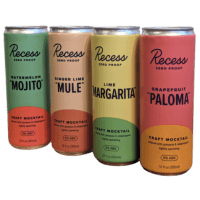 Recess non-alcoholic mocktail options variety pack. paloma, margarita, mule, mojito