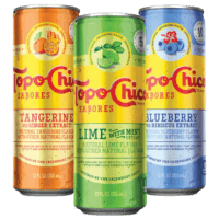 Topo Chico Mineral Sparkling Infused water. Non-alcoholic options blueberry hibiscus, lime, and tangerine cans