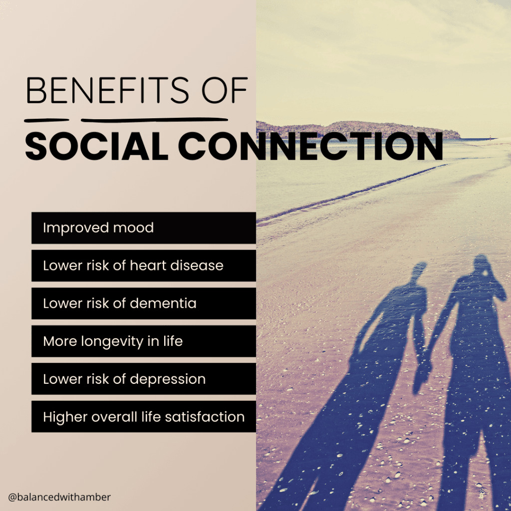 Benefits of Social Connection Graphic. Improved mood, lower risk of heart disease, depression, and dementia, more longevity in life, and higher overall satisfaction in life