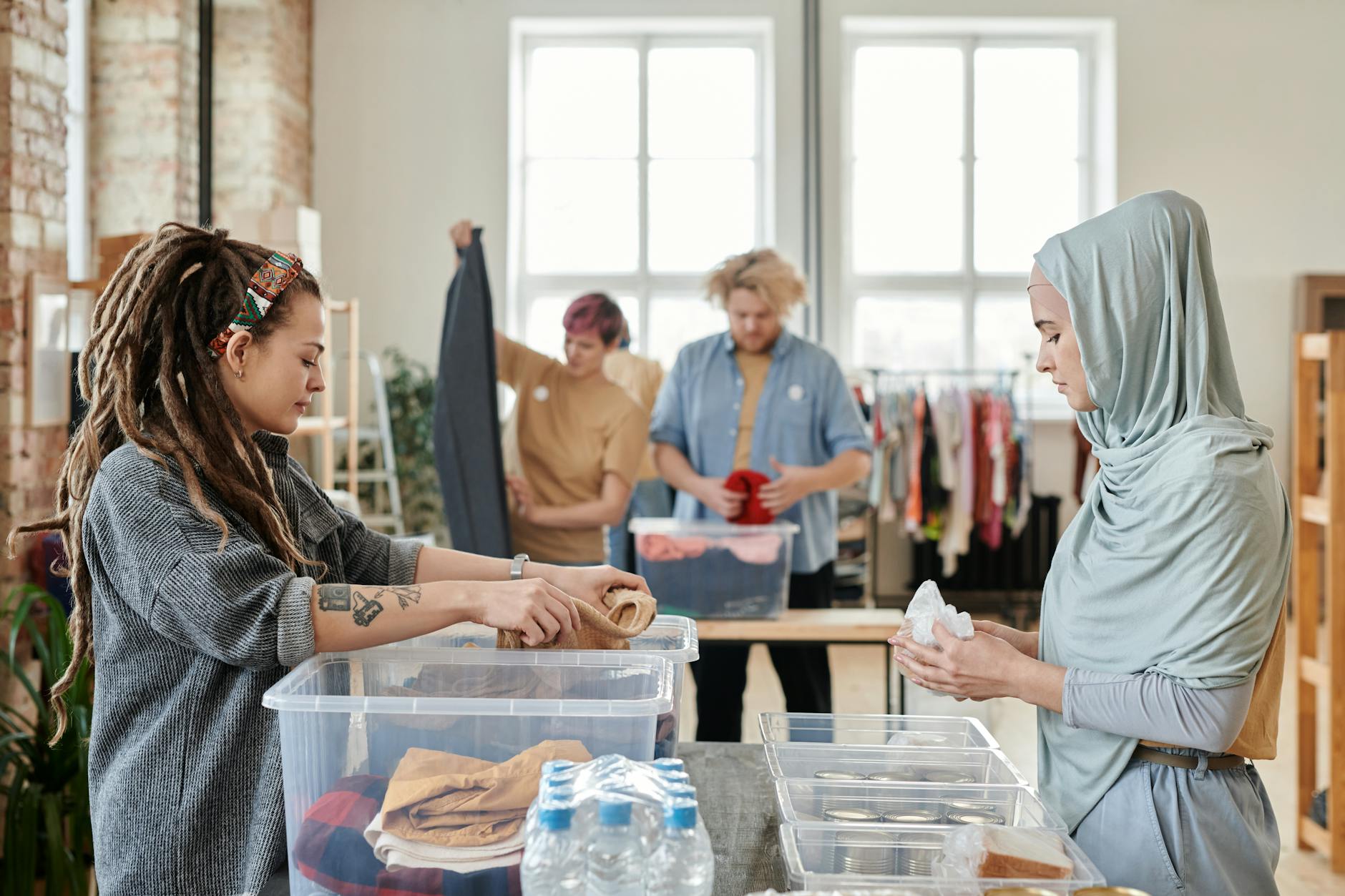 people sorting donations