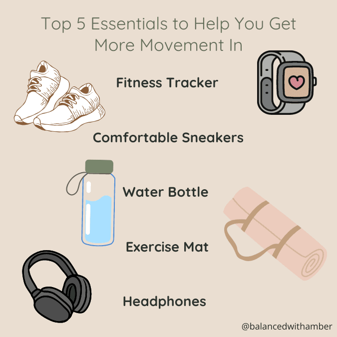 Top 5 essentials to help you get more movement in Graphic: fitness Tracker, Comfortable Sneakers, Water bottle, Exercise mat,, headphones