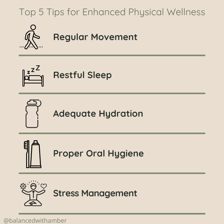Top 5 tips tfor enhanced physical wellness graphic. Regular movement, restful sleep, adequate hydration, proper oral hygiene, stress management.