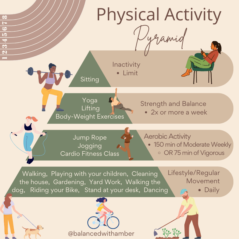 Physical Activity Pyramid.
Inactivity - Sitting (smallest section at top) - limit,  strength and balance - Yoga, lifting, body-weight exercises , 2 times or more a week, Aerobic Activity 150 min moderate or 75 min vigorous weekly - jump rope, jogging, cardio. Lifestyle/regular movement - daily (largest section at base of pyramid) 