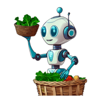 Robot holding a basket of wilted lettuce and standing next to a larger basket of veggies representing vibrant physical health