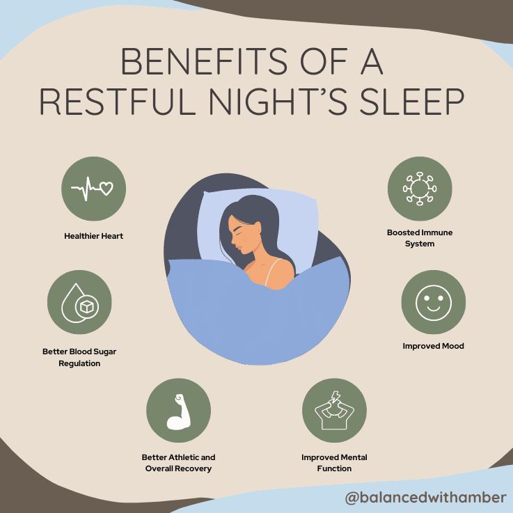 Benefits of a restful night's sleep graphic for Physical Wellness.  Image of woman sleeping.  Benefits: healthier heart, better blood sugar regulation, better athletic and overall recover, improved mental function, improved mood, boosted immune system.