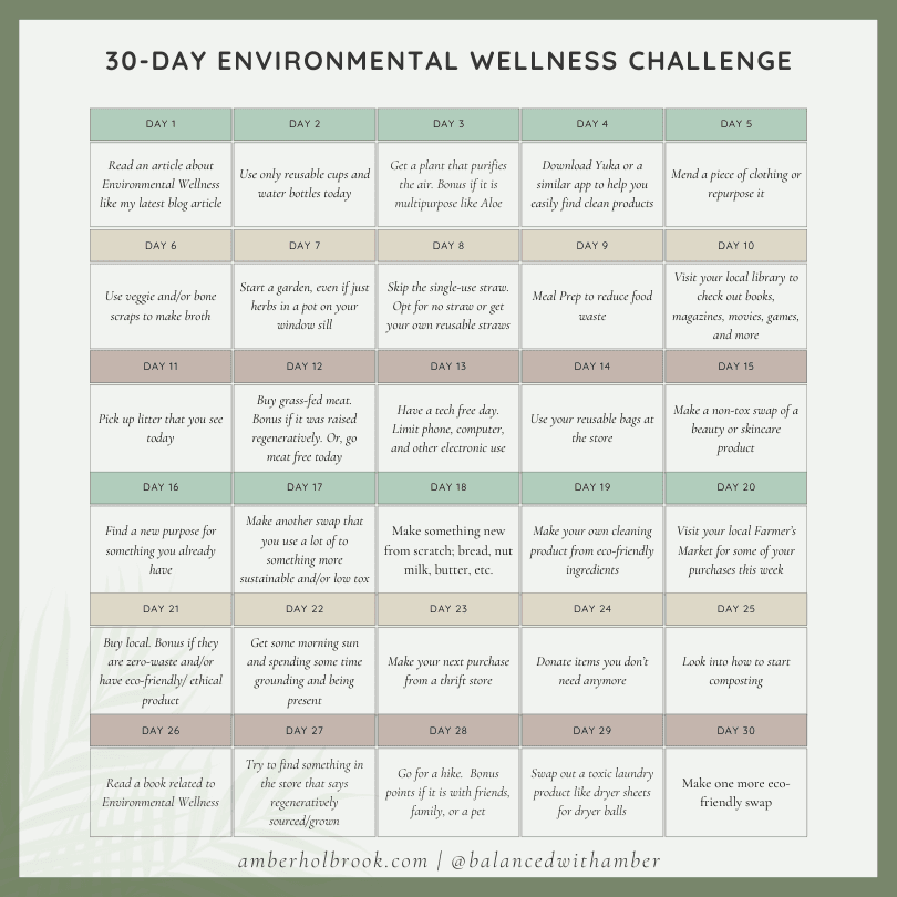 30 day environmental wellness challenge graphic with different suggestions on each day for 30 days. Day 1 read and article, day 2, use reusable cups, day 3 get a plant...