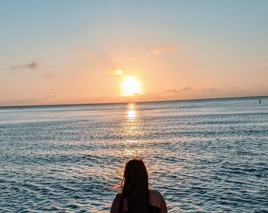 outside photograph of ocean and horizon at sunrise with shadow of female in front center looking at sunrise.
