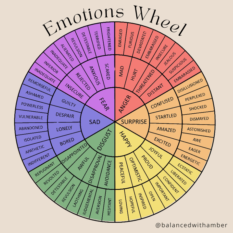 Emotions Wheel Graphic - Sad, disgust, fear, anger, surprise, happy
