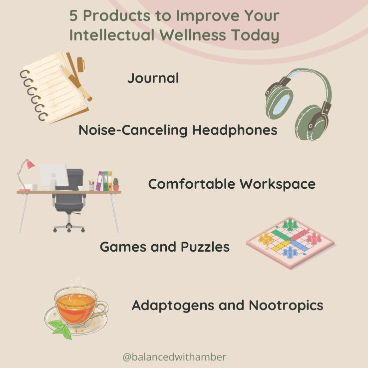 5 Products to improve your intellectual Wellness Graphic: Journal, noise canceling headphones, comfortable workspace, games and puzzles, adaptogen and cootropics