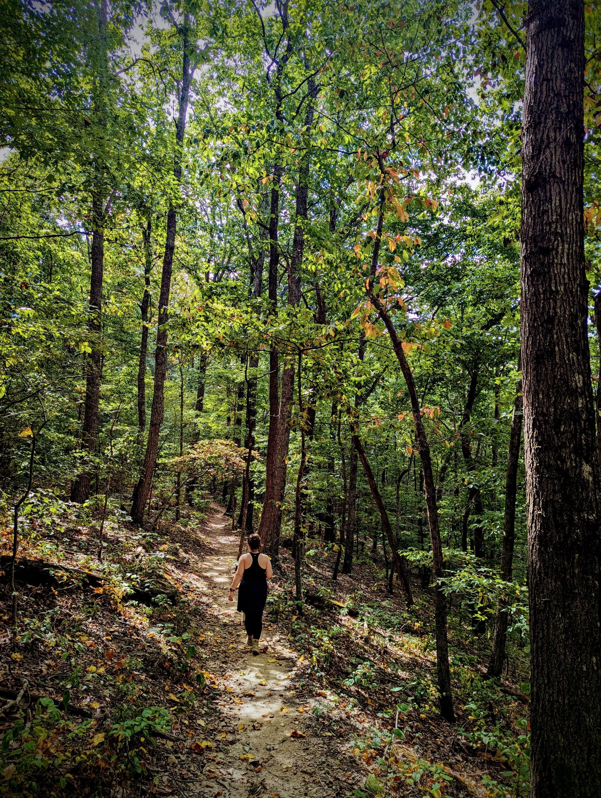 Female walking along path in wooded area