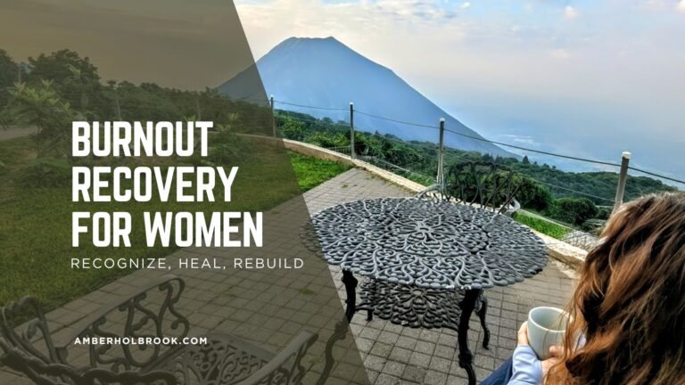 Burnout recovery for women: recognize, heal, rebuild. amberholbrook.com. girl sipping coffee, looking at volcano, in burnout recovery