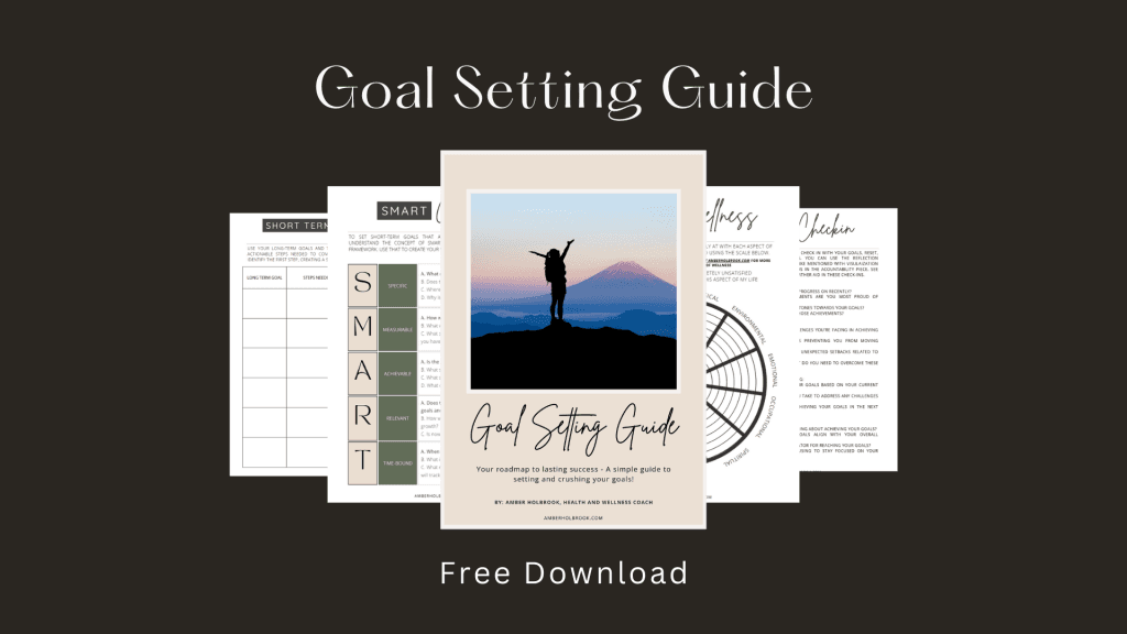 Goal setting guide, free download. images of a few pages from guide: title, wheel of wellness, smart goals, check in questions