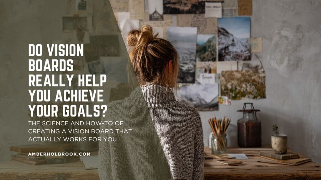 Do vision boards really help you achieve your goals.  Woman looking at vision board on wall while sitting at her desk